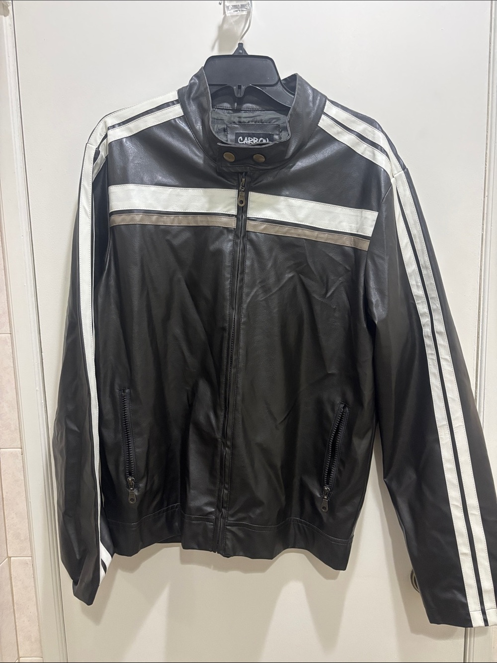 Men's Black Track-Style Zip Jacket with White Stripes